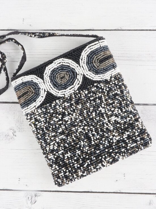 World of Bacara Handbags - Artisan Hand Beaded Kenyan Crossbody Shoulder Bag Black White Geometric